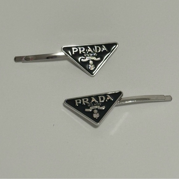 PRADA hair pins barrette black logo accessory silver set of 2 clips - Picture 2 of 3
